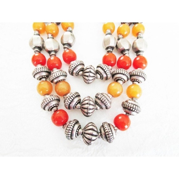 Vintage Three Strand Silver, Deep Red and Butterscotch Beaded Necklace - Picture 2 of 4